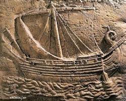 Stone relief of a Phoenician gauloi - a round-hulled merchant vessel with a single square sail, carved in ancient Sidon